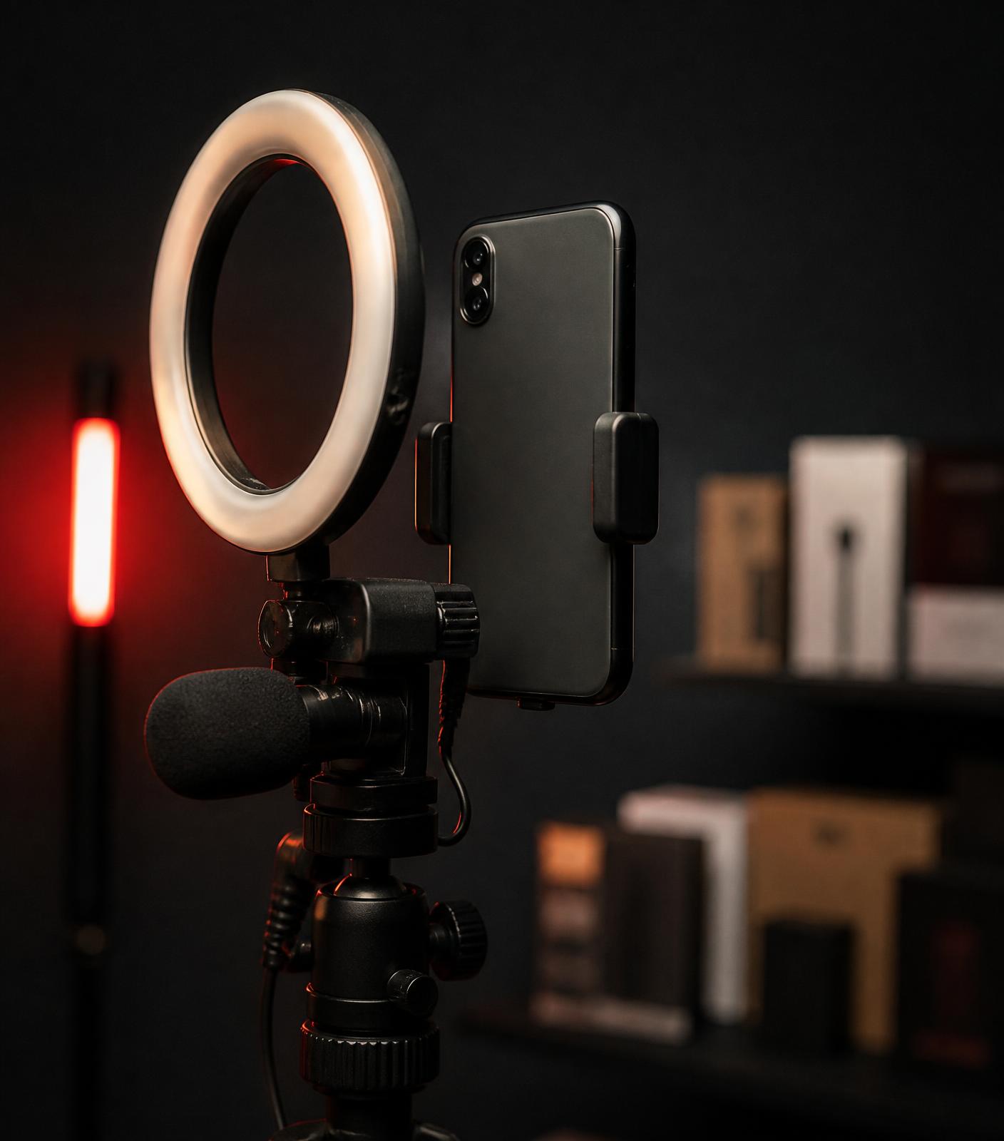 Ring light and a phone on a tripod facing a dressed product shelf in the studio