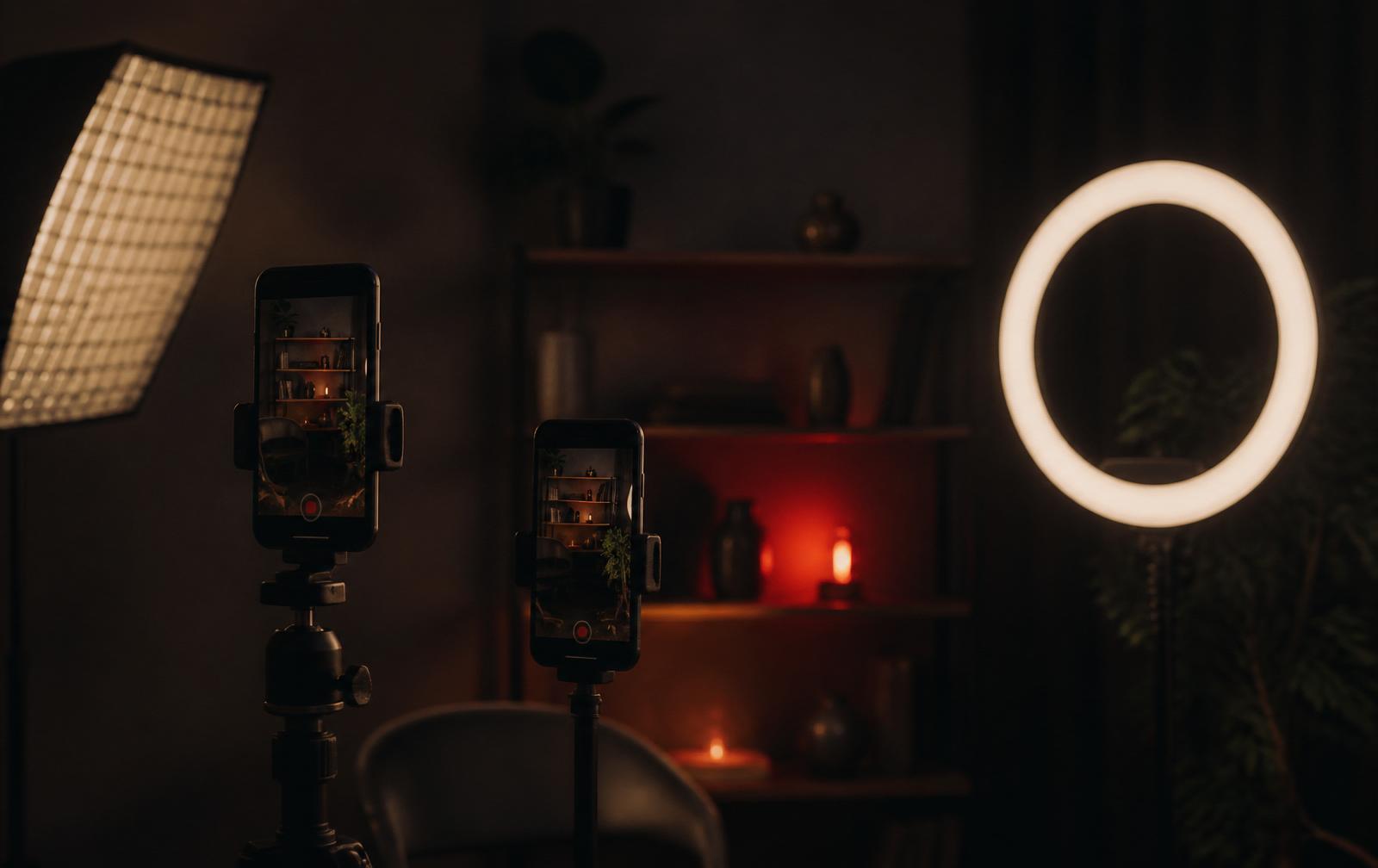 Two phones on tripods filming a lit product set in the studio